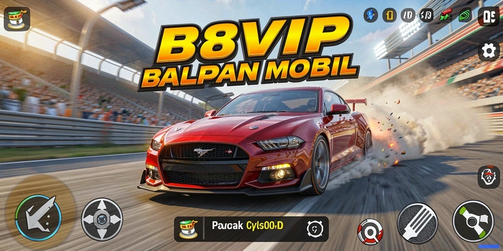 Screenshot gameplay B8VIP menampilkan mobil balap melaju kencang di trek menantang.