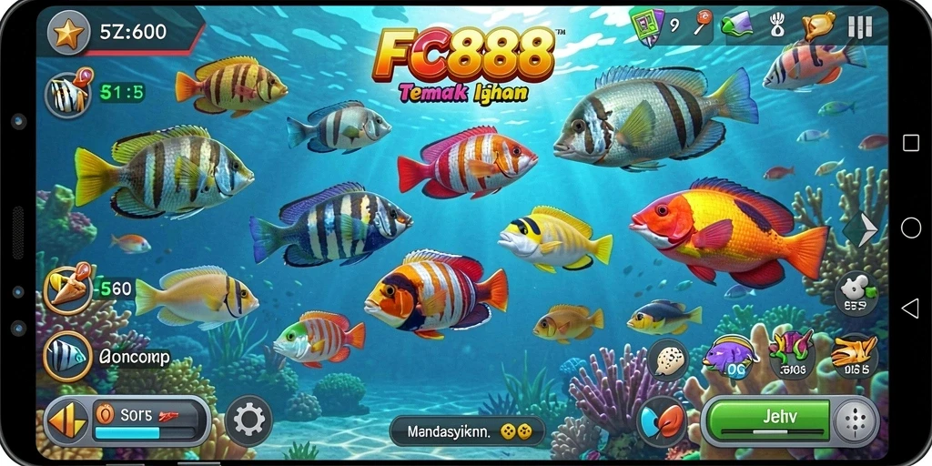 Tampilan menarik dari gameplay Tembak Ikan FC888 dengan berbagai jenis ikan.